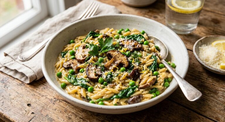 Cremiges Zitronen-Orzo mit Pilzen, Erbsen & Spinat